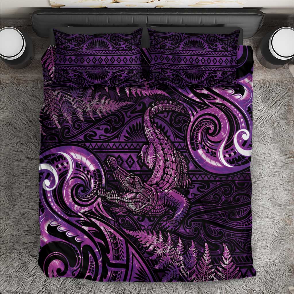 Aotearoa New Zealand Crocodile Bedding Set Silver Fern Maori Pattern LT05 Purple - Polynesian Pride
