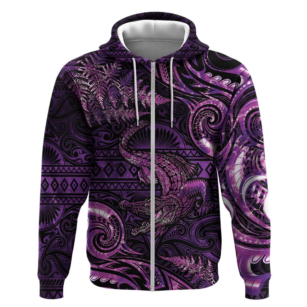 Aotearoa New Zealand Crocodile Hoodie Silver Fern Maori Pattern LT05 Zip Hoodie Purple - Polynesian Pride