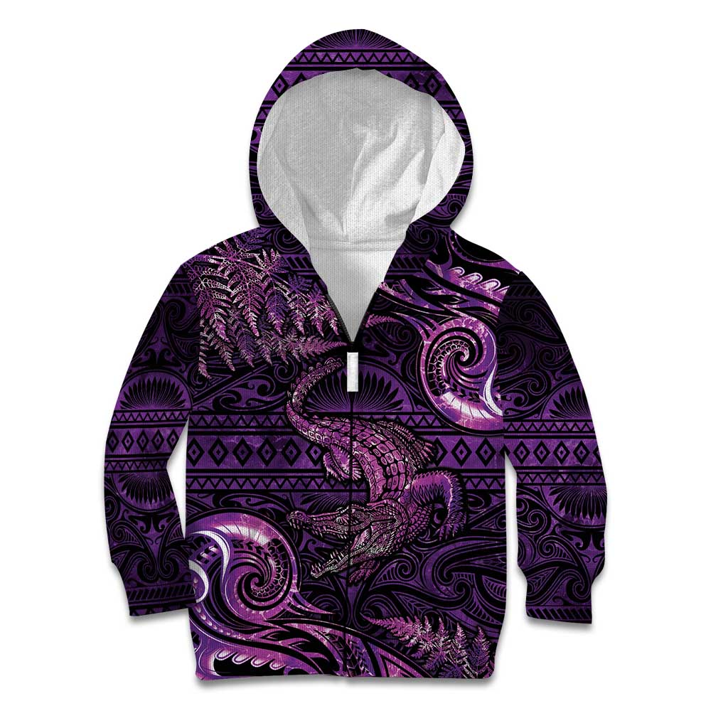 Aotearoa New Zealand Crocodile Kid Hoodie Silver Fern Maori Pattern LT05 Zip Hoodie Purple - Polynesian Pride