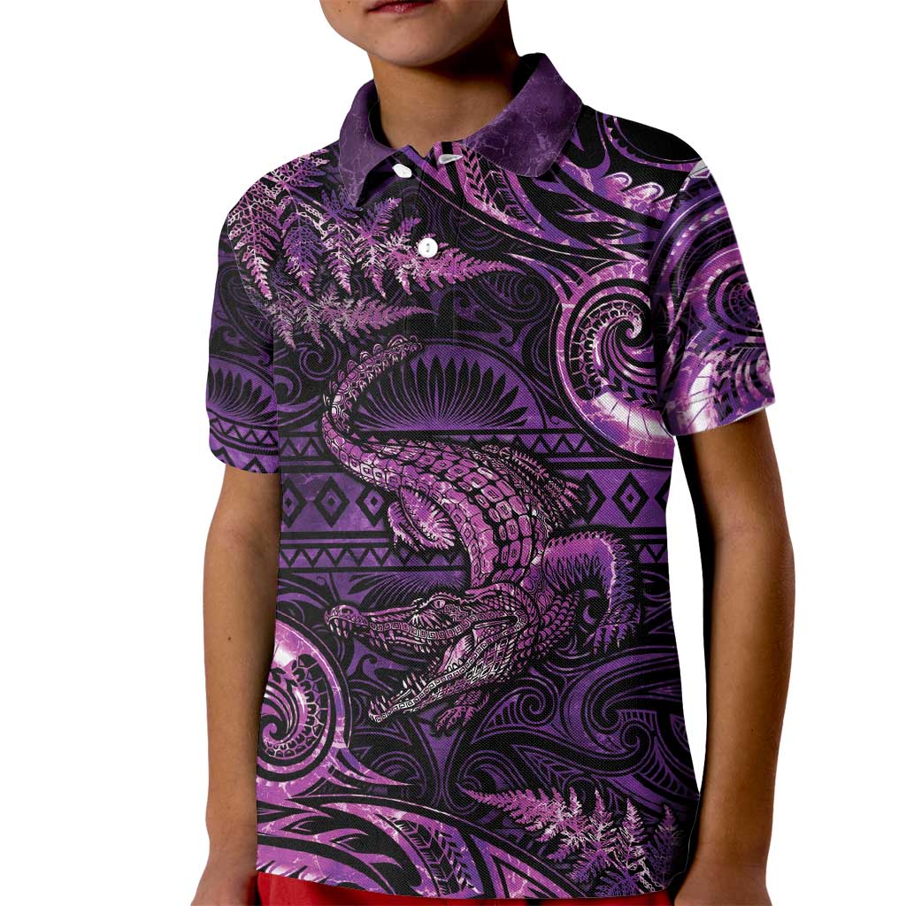 Aotearoa New Zealand Crocodile Kid Polo Shirt Silver Fern Maori Pattern LT05 Kid Purple - Polynesian Pride