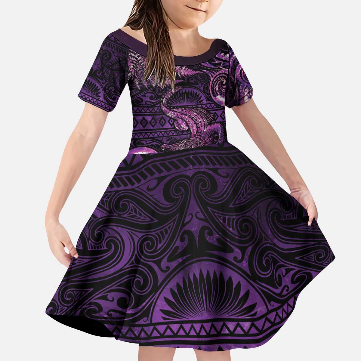 Aotearoa New Zealand Crocodile Kid Short Sleeve Dress Silver Fern Maori Pattern LT05 KID Purple - Polynesian Pride