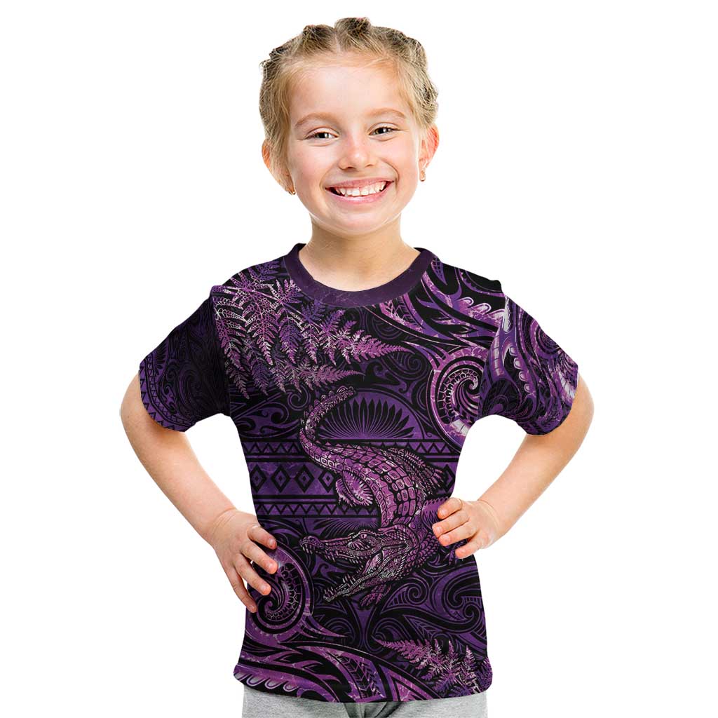 Aotearoa New Zealand Crocodile Kid T Shirt Silver Fern Maori Pattern LT05 Purple - Polynesian Pride