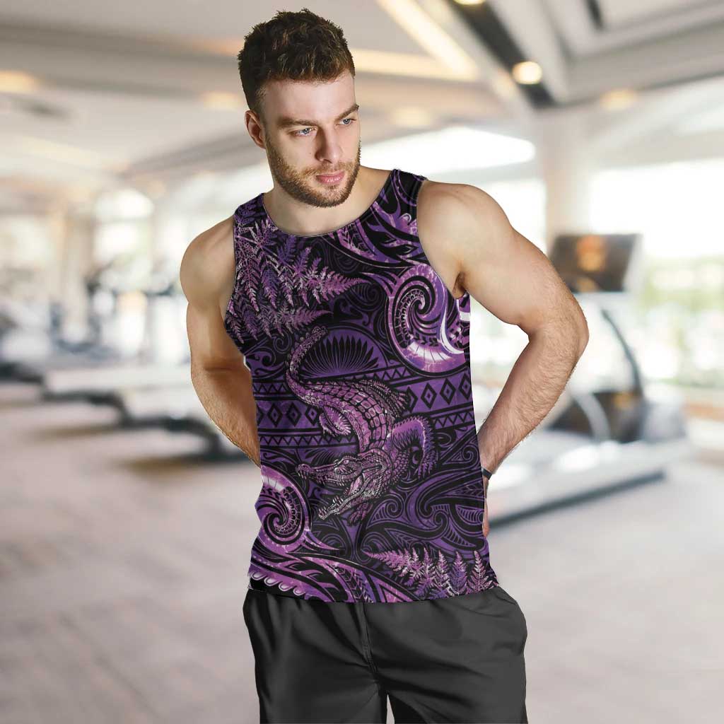 Aotearoa New Zealand Crocodile Men Tank Top Silver Fern Maori Pattern LT05 Purple - Polynesian Pride