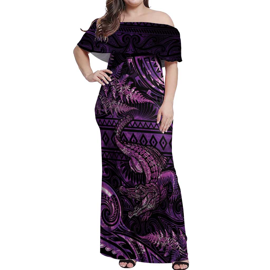 Aotearoa New Zealand Crocodile Off Shoulder Maxi Dress Silver Fern Maori Pattern