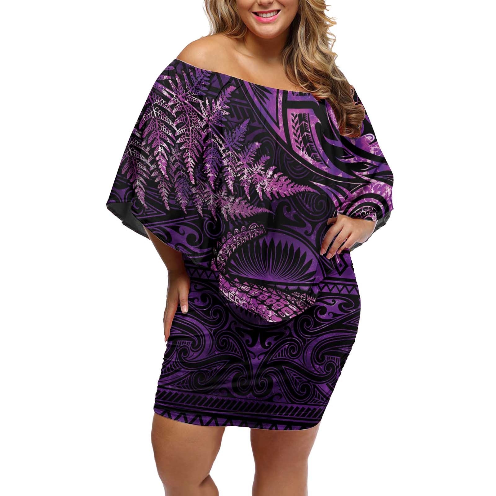 Aotearoa New Zealand Crocodile Off Shoulder Short Dress Silver Fern Maori Pattern LT05 Women Purple - Polynesian Pride