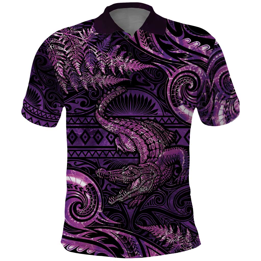 Aotearoa New Zealand Crocodile Polo Shirt Silver Fern Maori Pattern LT05 Purple - Polynesian Pride