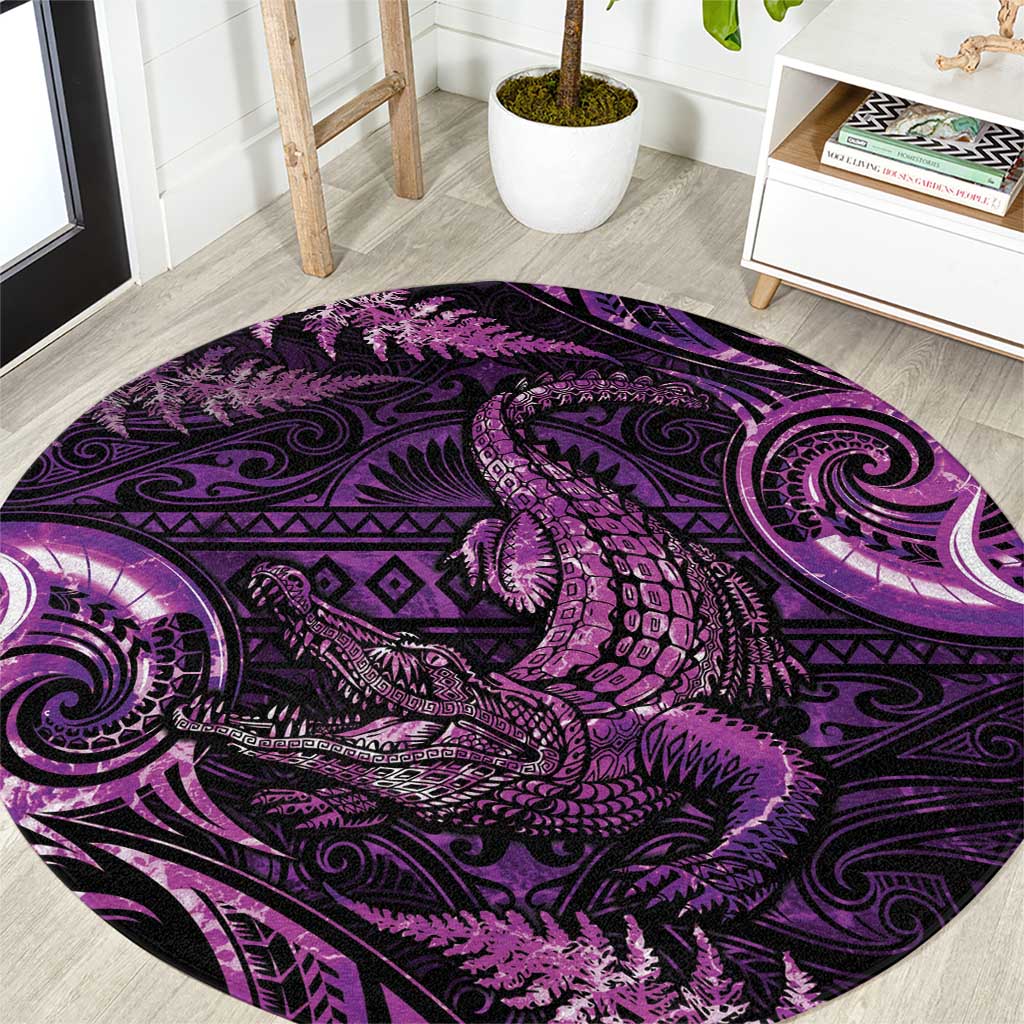 Aotearoa New Zealand Crocodile Round Carpet Silver Fern Maori Pattern LT05 Purple - Polynesian Pride