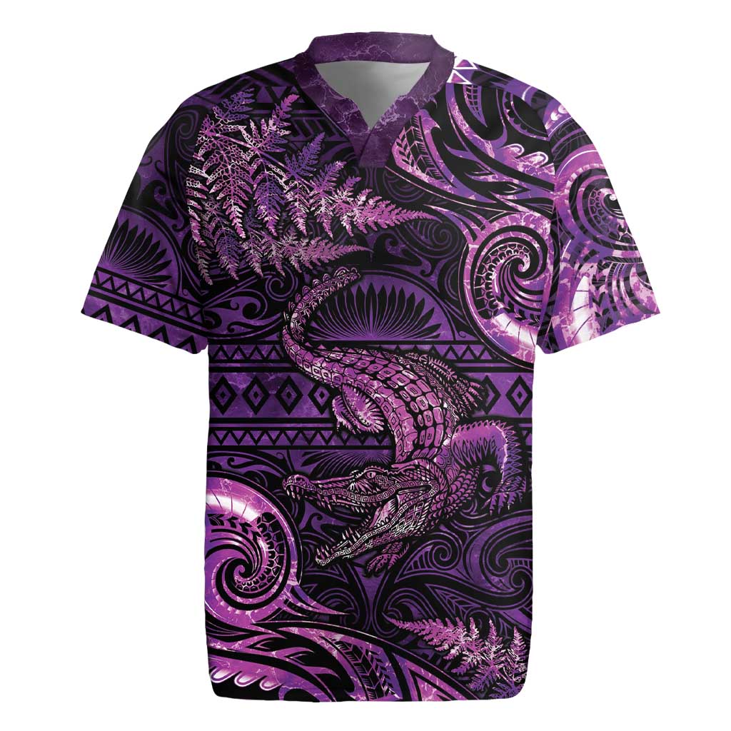 Aotearoa New Zealand Crocodile Rugby Jersey Silver Fern Maori Pattern LT05 Purple - Polynesian Pride
