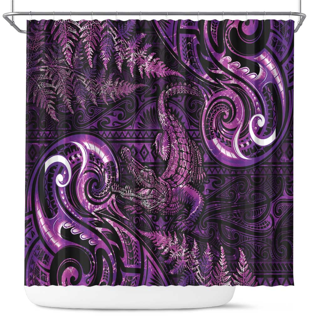 Aotearoa New Zealand Crocodile Shower Curtain Silver Fern Maori Pattern