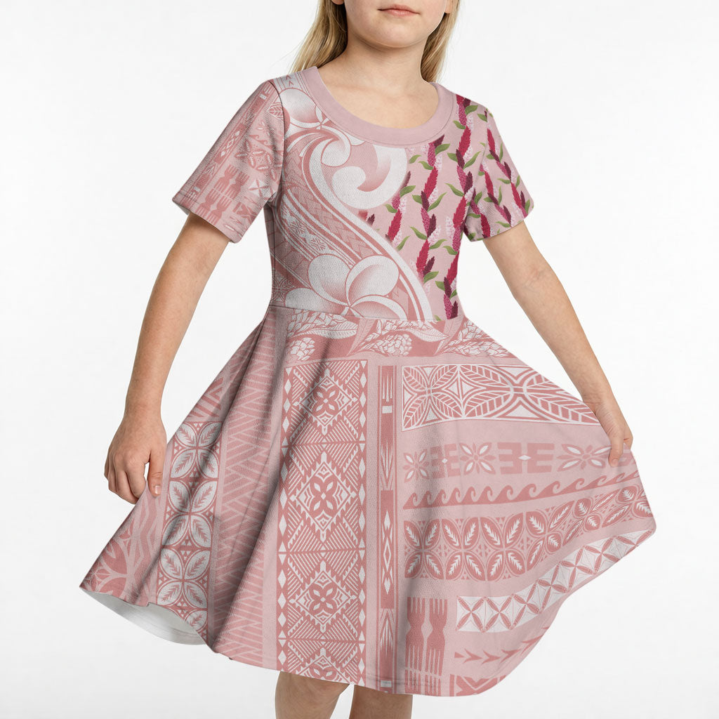 Samoa Teuila Kid Short Sleeve Dress Pink Samoan Siapo Motifs LT05 - Polynesian Pride