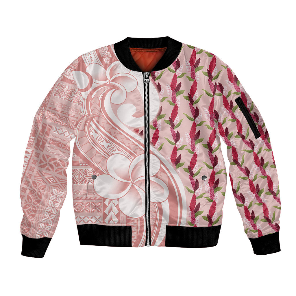 Samoa Teuila Sleeve Zip Bomber Jacket Pink Samoan Siapo Motifs LT05 Unisex Pink - Polynesian Pride