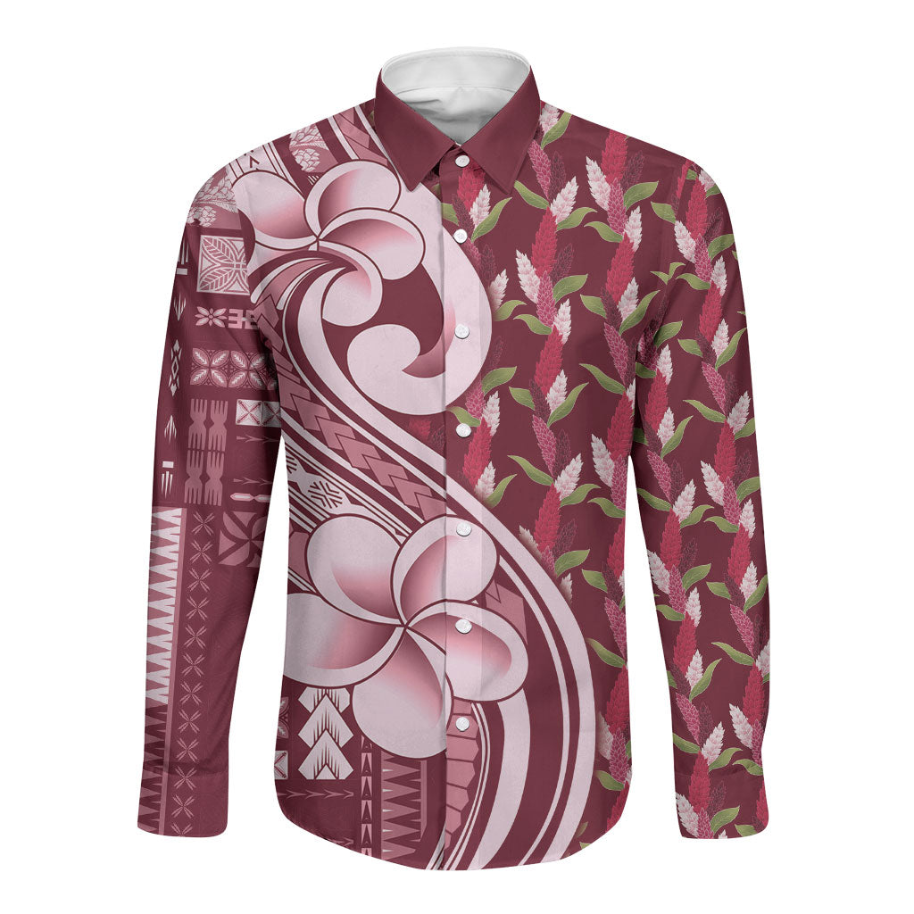 Samoa Teuila Long Sleeve Button Shirt Maroon Samoan Siapo Motifs LT05 Unisex Maroon - Polynesian Pride