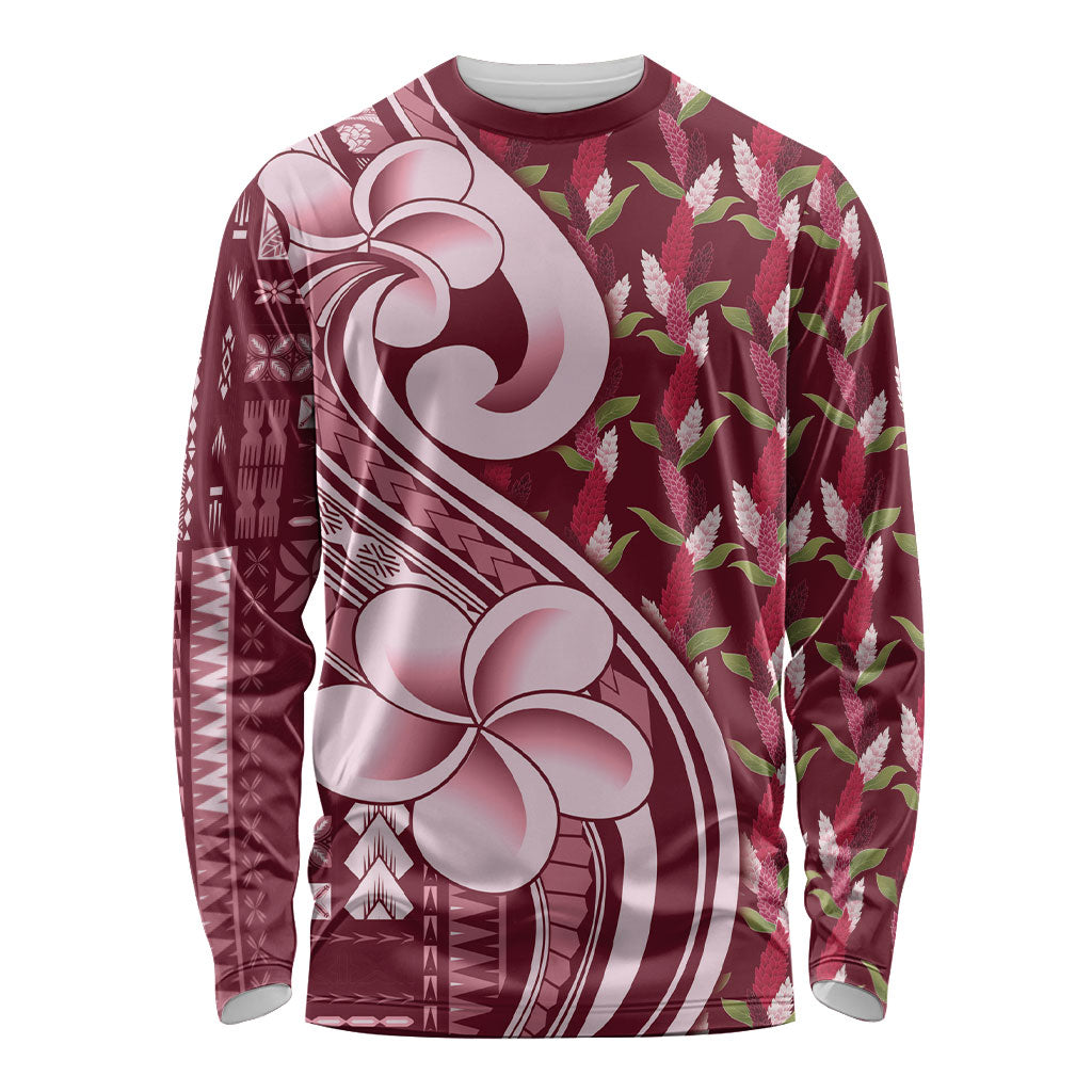 Samoa Teuila Long Sleeve Shirt Maroon Samoan Siapo Motifs LT05 Unisex Maroon - Polynesian Pride