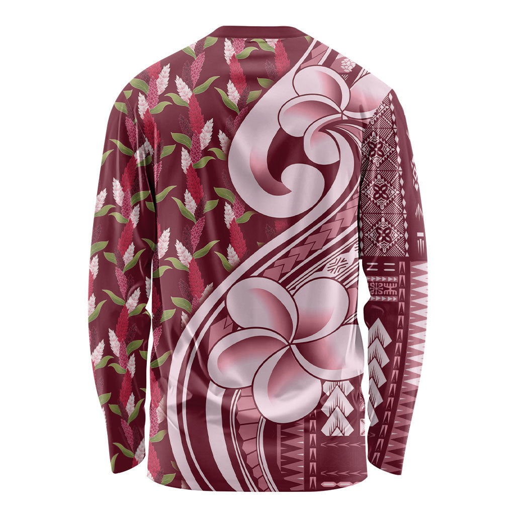 Samoa Teuila Long Sleeve Shirt Maroon Samoan Siapo Motifs LT05 - Polynesian Pride