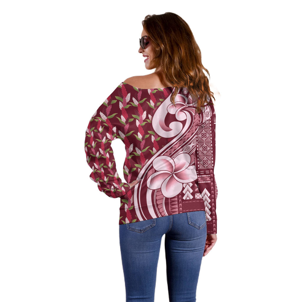 Samoa Teuila Off Shoulder Sweater Maroon Samoan Siapo Motifs LT05 - Polynesian Pride
