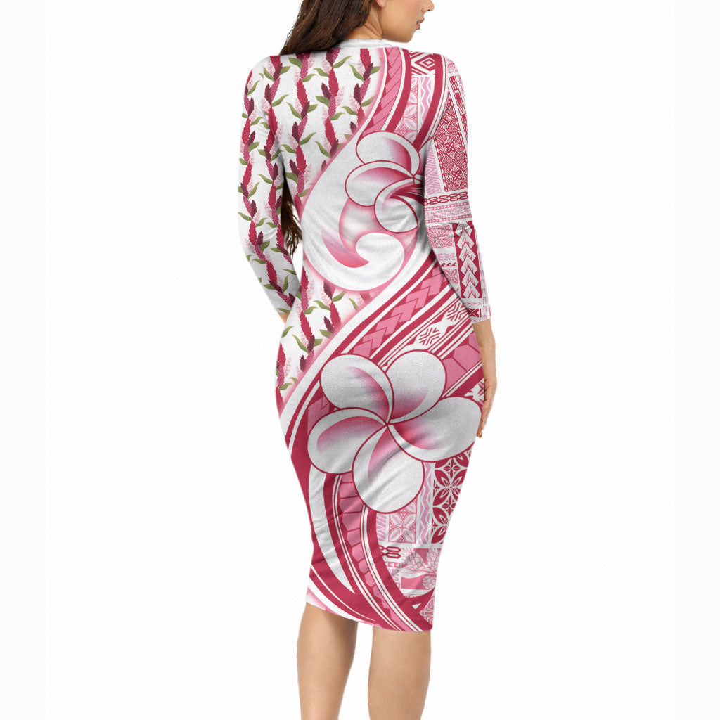 Samoa Teuila Long Sleeve Bodycon Dress White Samoan Siapo Motifs LT05 - Polynesian Pride