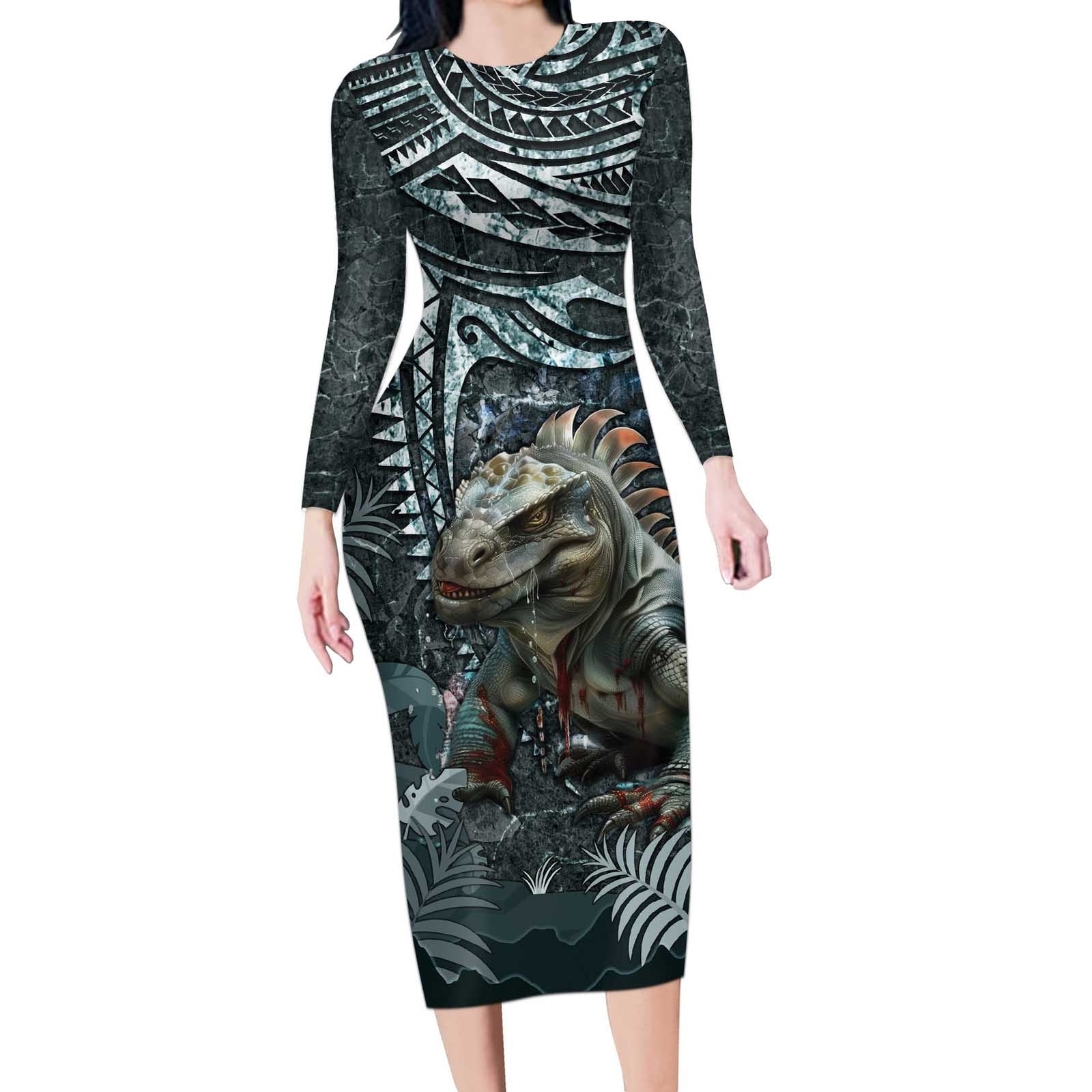 Hawaii Mo'o Lizard God Long Sleeve Bodycon Dress Polynesian Style LT05 Long Dress Green - Polynesian Pride