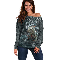 Hawaii Mo'o Lizard God Off Shoulder Sweater Polynesian Style LT05 Women Green - Polynesian Pride
