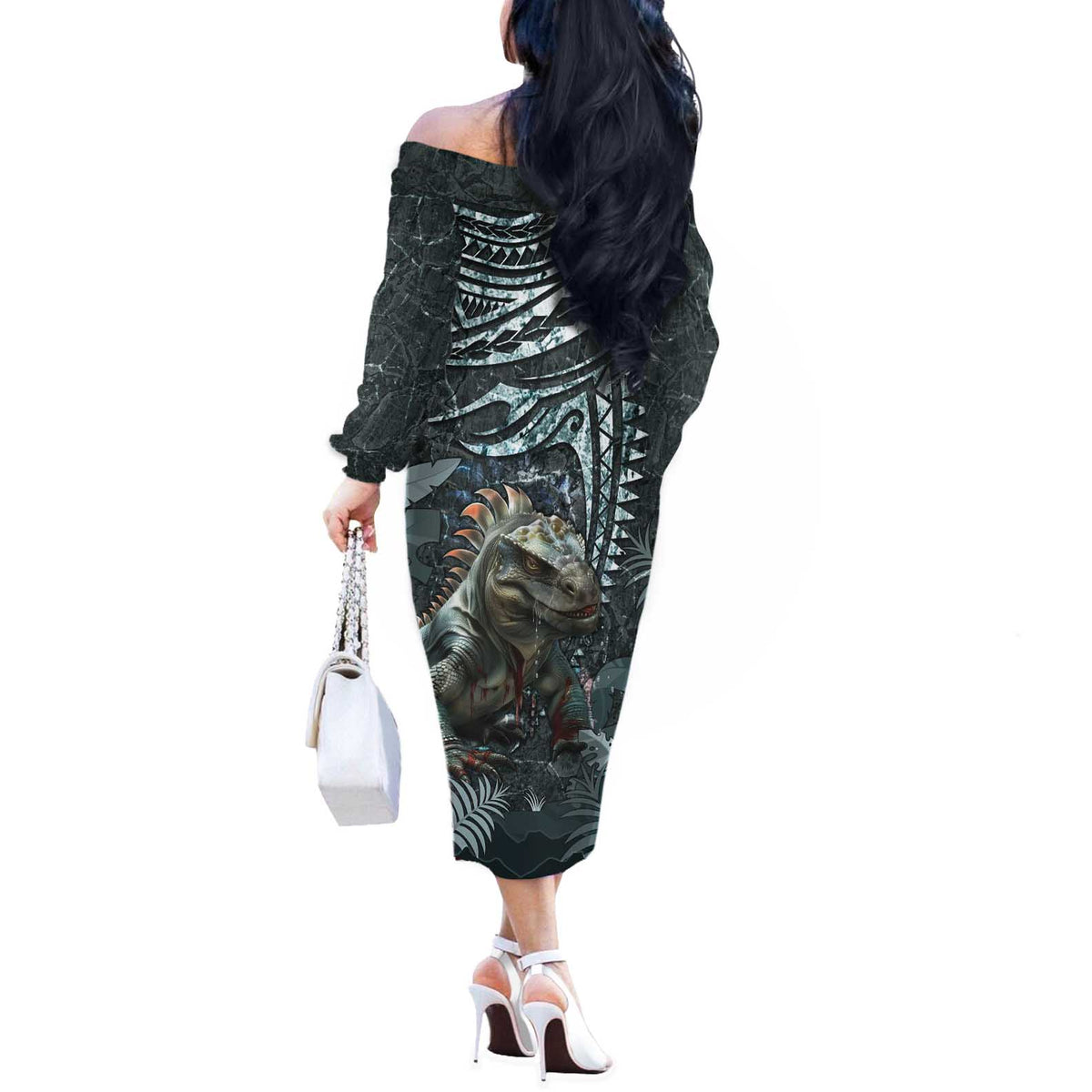 Hawaii Mo'o Lizard God Off The Shoulder Long Sleeve Dress Polynesian Style LT05 - Polynesian Pride
