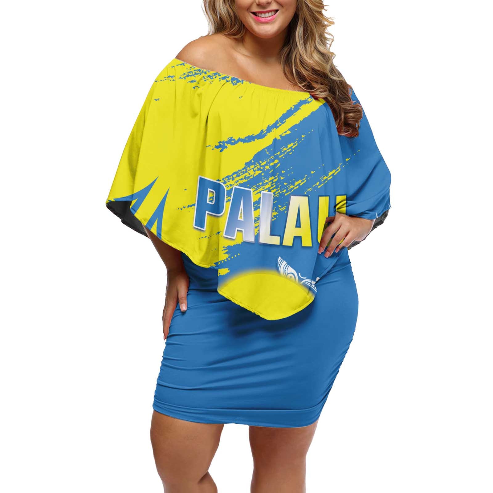 Palau Independence Day Off Shoulder Short Dress Happy 30th Anniversary LT05 Women Blue - Polynesian Pride