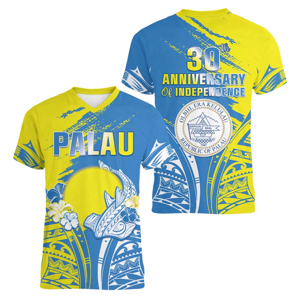 Palau Independence Day Women V-Neck T-Shirt Happy 30th Anniversary LT05 - Polynesian Pride