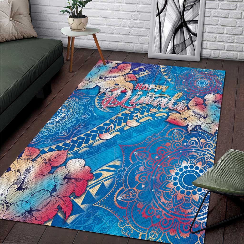 Happy Diwali Festival Area Rug Diya Lamp Rangoli With Polynesian Pattern LT05 Blue - Polynesian Pride