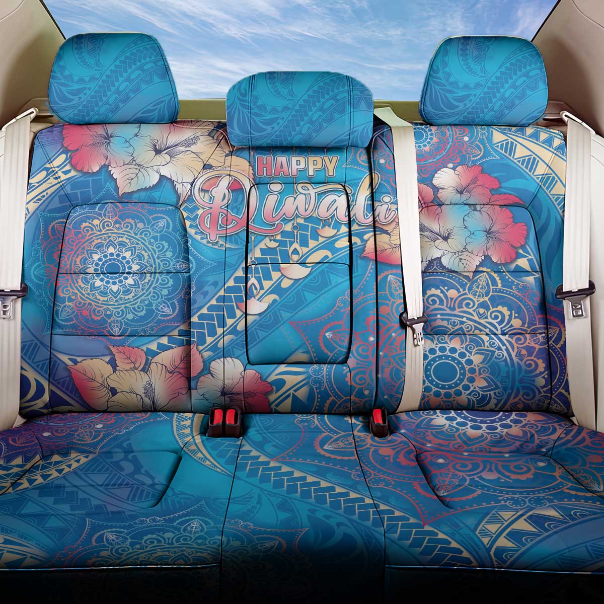 Happy Diwali Festival Back Car Seat Cover Diya Lamp Rangoli With Polynesian Pattern LT05 One Size Blue - Polynesian Pride