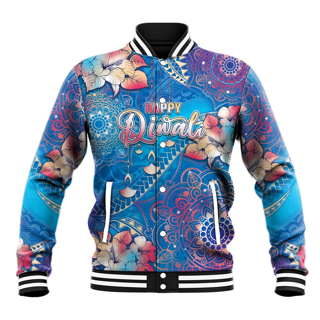 Happy Diwali Festival Baseball Jacket Diya Lamp Rangoli With Polynesian Pattern LT05 Unisex Blue - Polynesian Pride