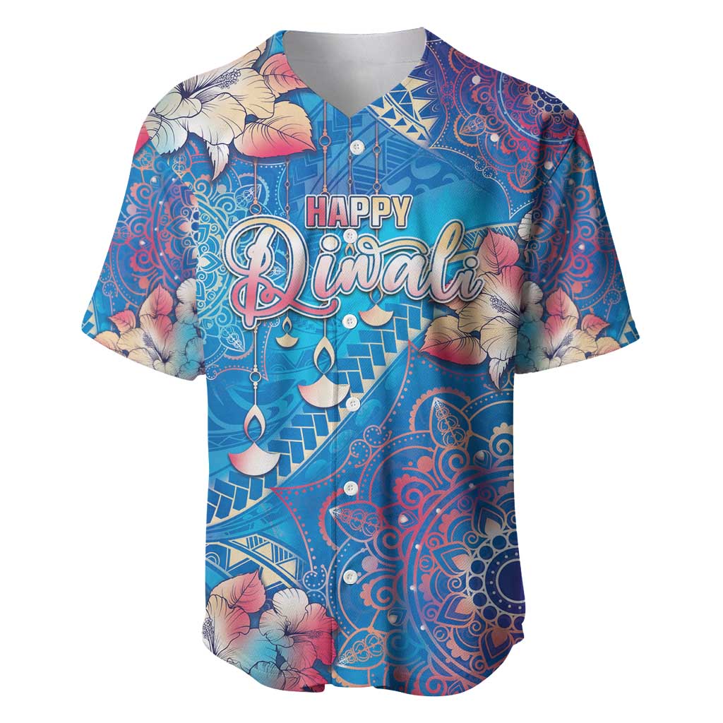 Happy Diwali Festival Baseball Jersey Diya Lamp Rangoli With Polynesian Pattern LT05 Blue - Polynesian Pride