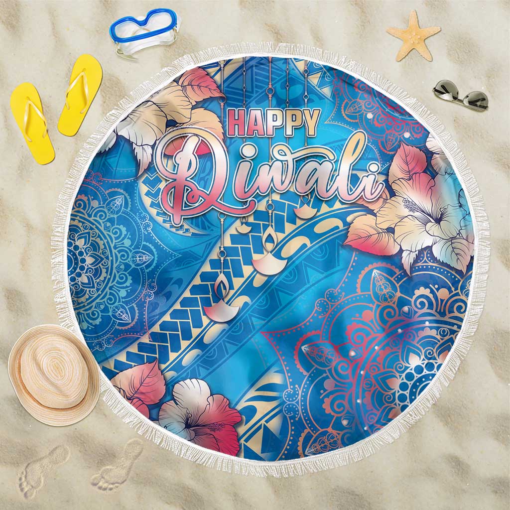 Happy Diwali Festival Beach Blanket Diya Lamp Rangoli With Polynesian Pattern LT05 One Size 150cm Blue - Polynesian Pride