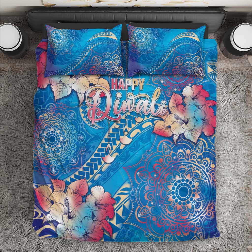 Happy Diwali Festival Bedding Set Diya Lamp Rangoli With Polynesian Pattern LT05 Blue - Polynesian Pride