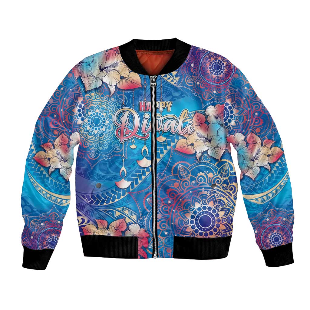 Happy Diwali Festival Bomber Jacket Diya Lamp Rangoli With Polynesian Pattern LT05 Unisex Blue - Polynesian Pride