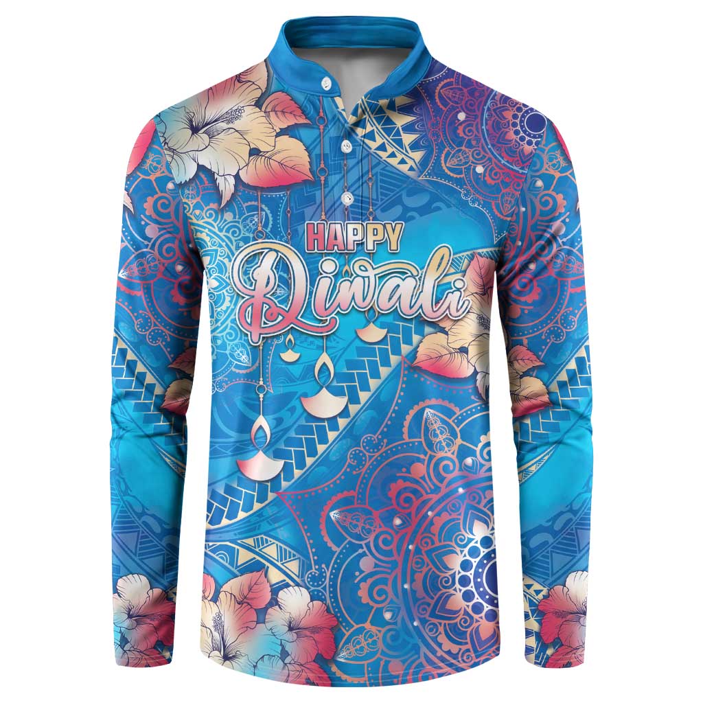 Happy Diwali Festival Button Sweatshirt Diya Lamp Rangoli With Polynesian Pattern LT05 Blue - Polynesian Pride