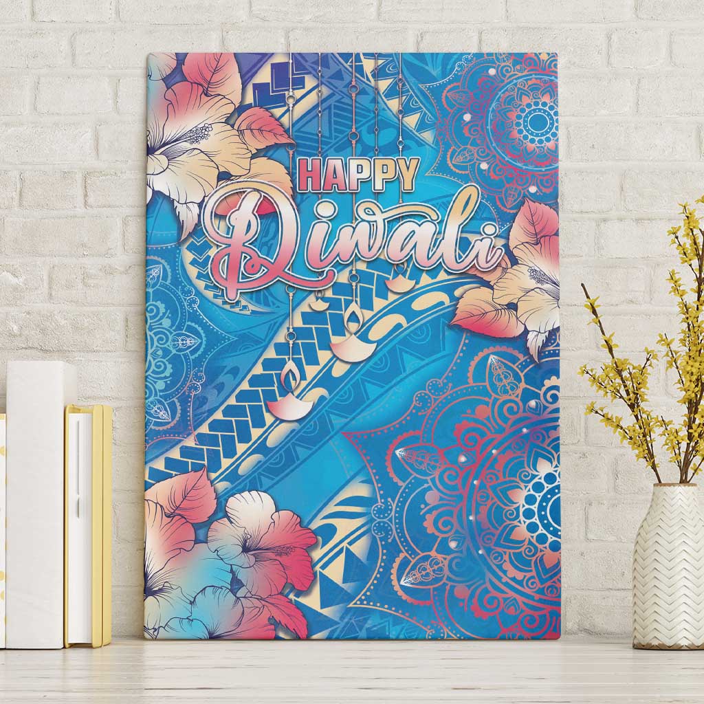 Happy Diwali Festival Canvas Wall Art Diya Lamp Rangoli With Polynesian Pattern LT05 Without Frame Blue - Polynesian Pride