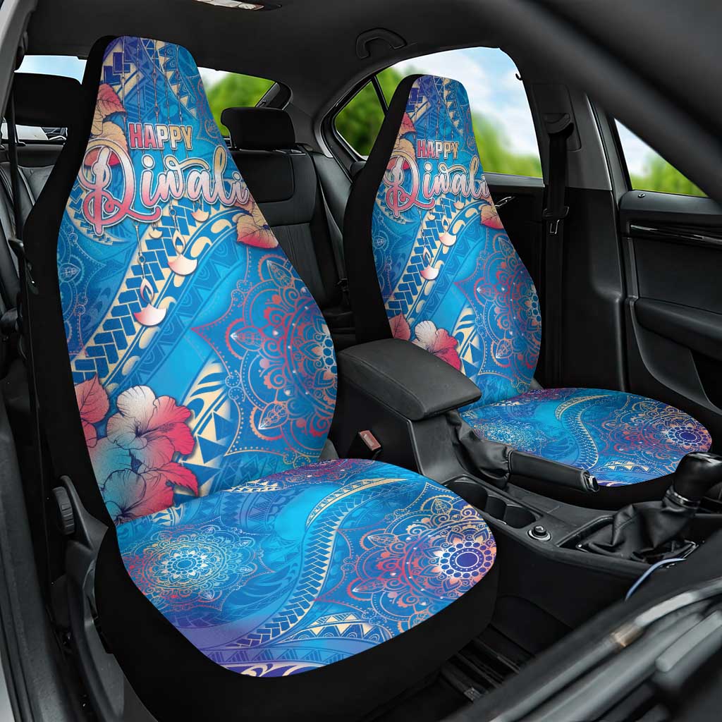Happy Diwali Festival Car Seat Cover Diya Lamp Rangoli With Polynesian Pattern LT05 One Size Blue - Polynesian Pride