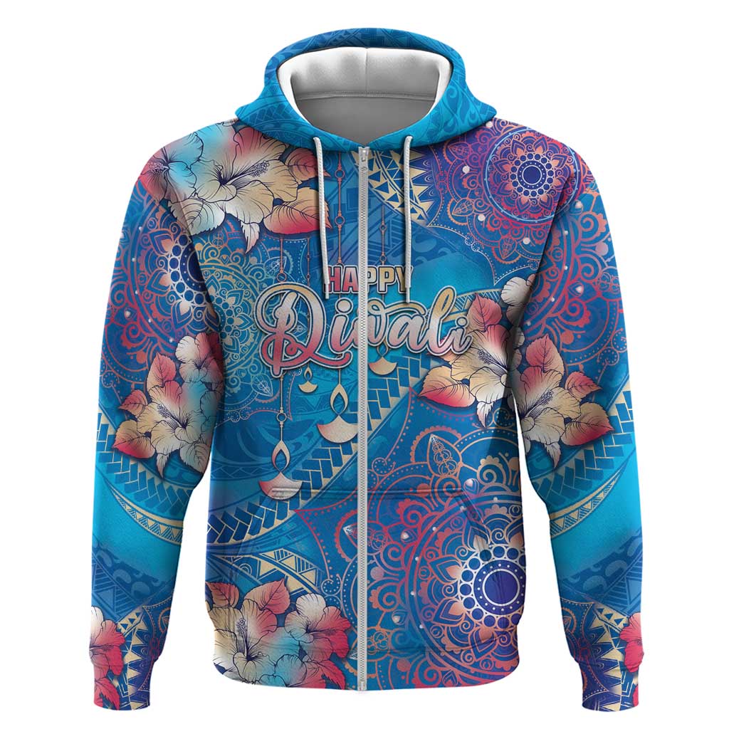 Happy Diwali Festival Hoodie Diya Lamp Rangoli With Polynesian Pattern LT05 Zip Hoodie Blue - Polynesian Pride