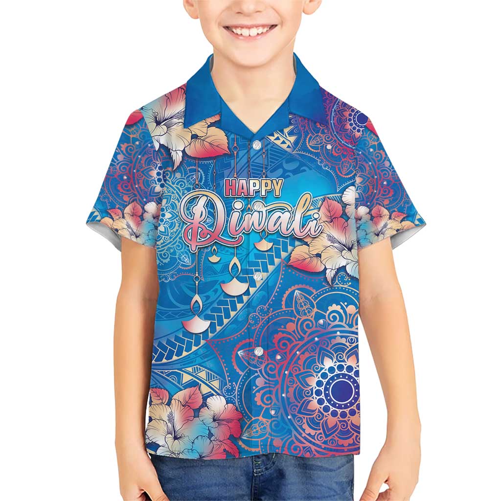 Happy Diwali Festival Kid Hawaiian Shirt Diya Lamp Rangoli With Polynesian Pattern LT05 Kid Blue - Polynesian Pride
