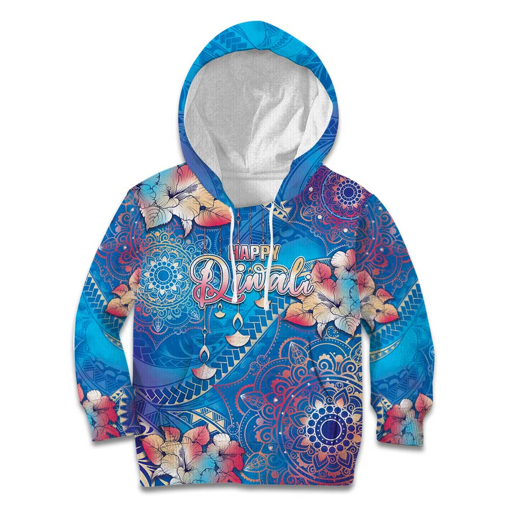 Happy Diwali Festival Kid Hoodie Diya Lamp Rangoli With Polynesian Pattern LT05 Hoodie Blue - Polynesian Pride