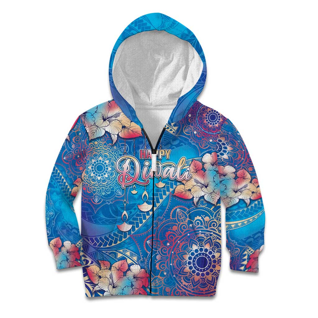 Happy Diwali Festival Kid Hoodie Diya Lamp Rangoli With Polynesian Pattern LT05 Zip Hoodie Blue - Polynesian Pride