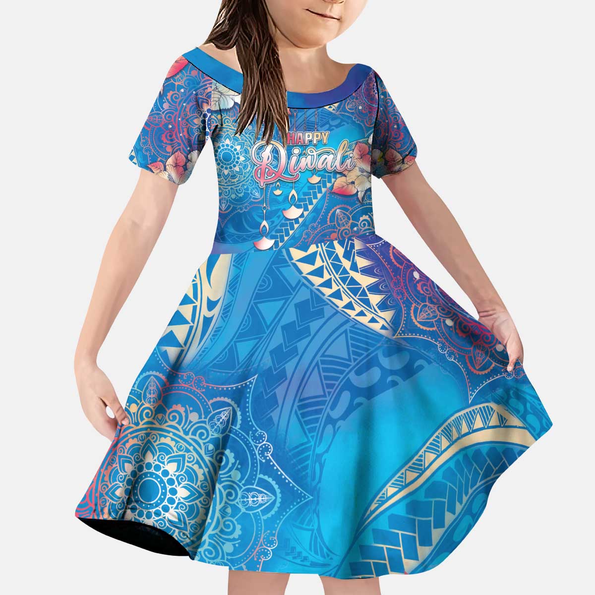 Happy Diwali Festival Kid Short Sleeve Dress Diya Lamp Rangoli With Polynesian Pattern LT05 KID Blue - Polynesian Pride