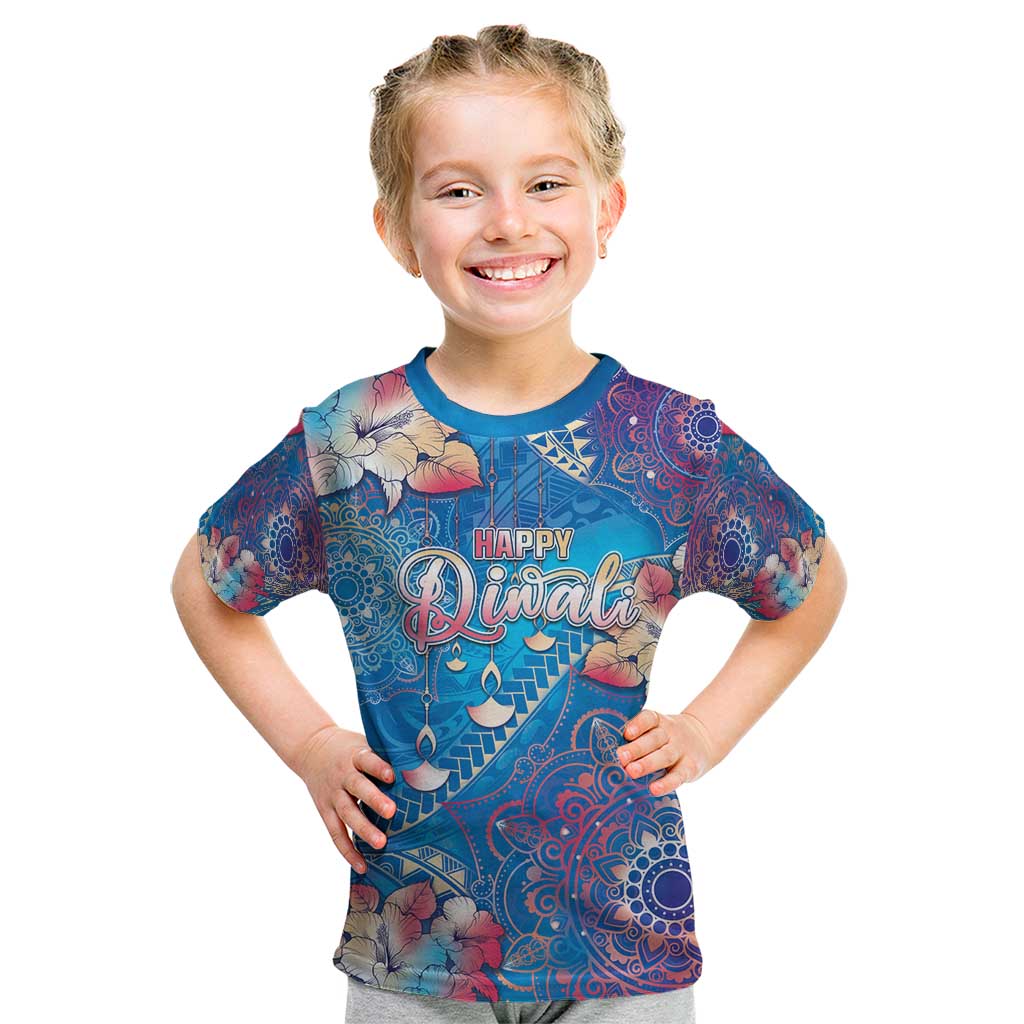 Happy Diwali Festival Kid T Shirt Diya Lamp Rangoli With Polynesian Pattern LT05 Blue - Polynesian Pride