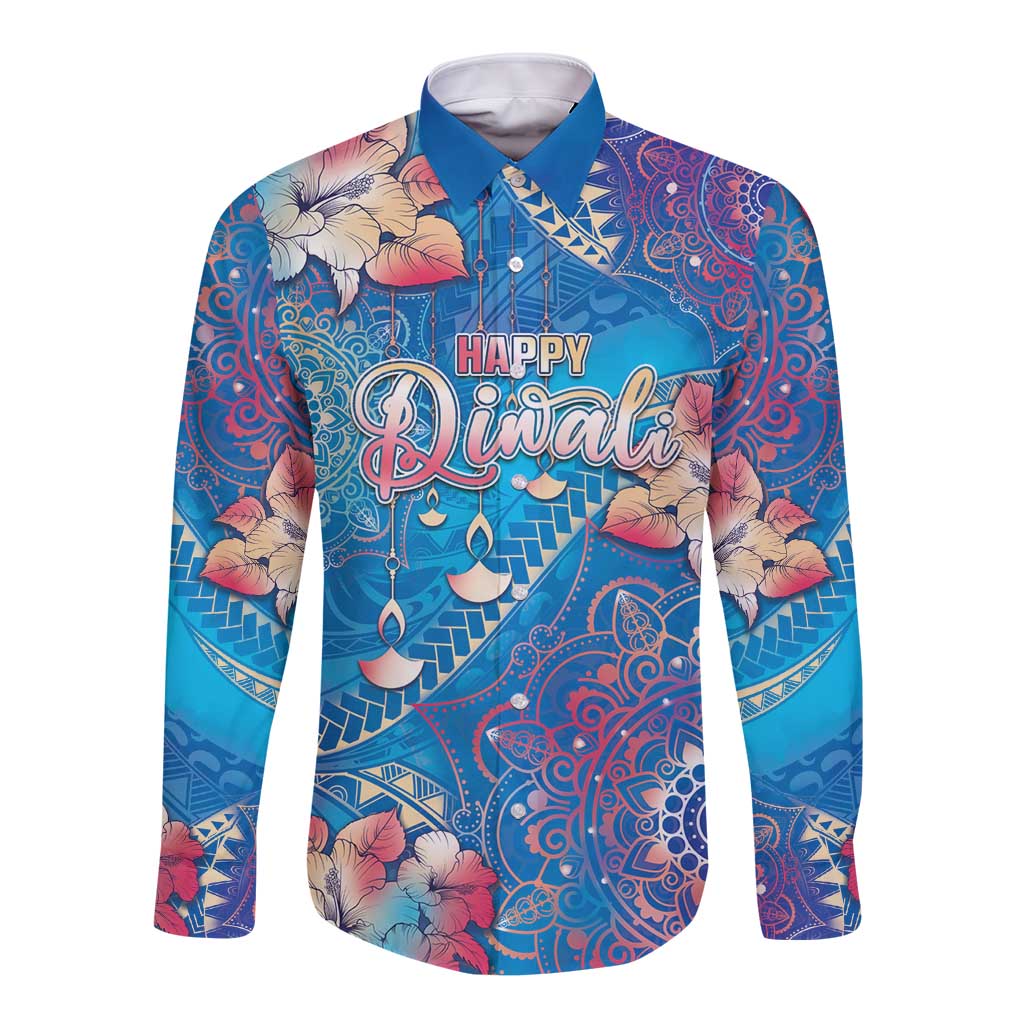 Happy Diwali Festival Long Sleeve Button Shirt Diya Lamp Rangoli With Polynesian Pattern LT05 Unisex Blue - Polynesian Pride