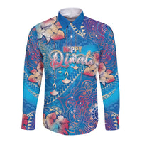 Happy Diwali Festival Long Sleeve Button Shirt Diya Lamp Rangoli With Polynesian Pattern LT05 Unisex Blue - Polynesian Pride