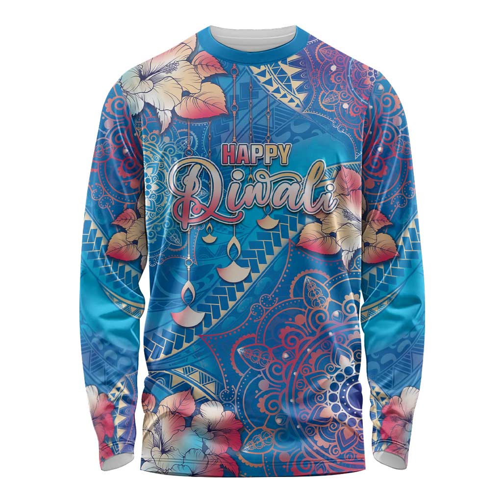 Happy Diwali Festival Long Sleeve Shirt Diya Lamp Rangoli With Polynesian Pattern LT05 Unisex Blue - Polynesian Pride