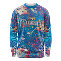 Happy Diwali Festival Long Sleeve Shirt Diya Lamp Rangoli With Polynesian Pattern LT05 Unisex Blue - Polynesian Pride