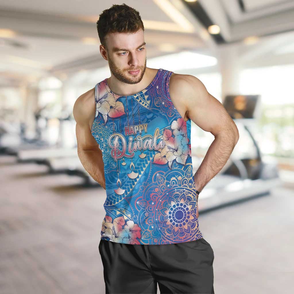 Happy Diwali Festival Men Tank Top Diya Lamp Rangoli With Polynesian Pattern LT05 Blue - Polynesian Pride