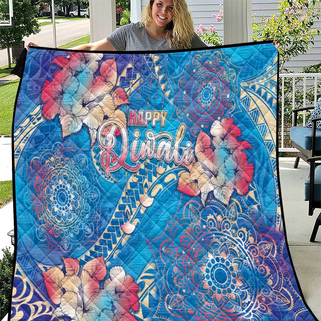 Happy Diwali Festival Quilt Diya Lamp Rangoli With Polynesian Pattern LT05 Blue - Polynesian Pride
