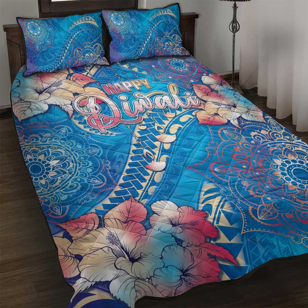 Happy Diwali Festival Quilt Bed Set Diya Lamp Rangoli With Polynesian Pattern LT05 Blue - Polynesian Pride