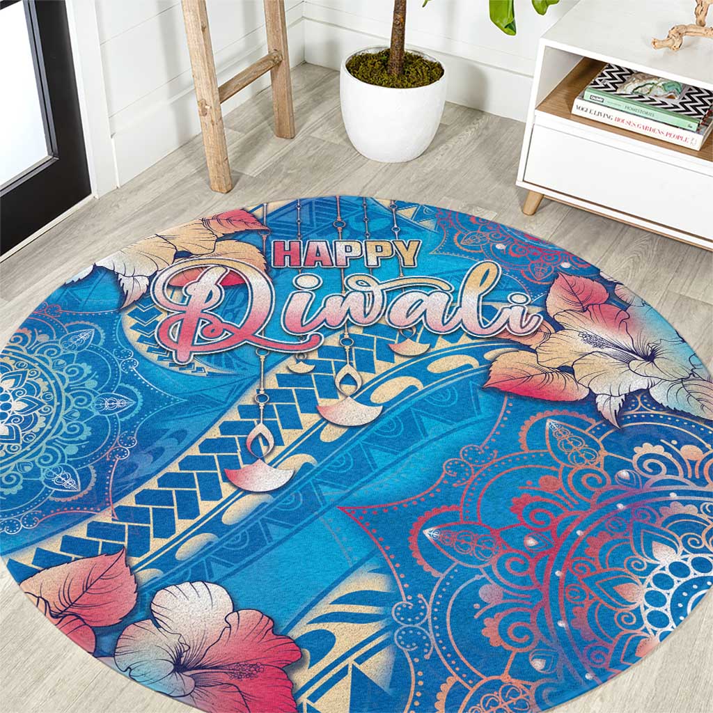 Happy Diwali Festival Round Carpet Diya Lamp Rangoli With Polynesian Pattern LT05 Blue - Polynesian Pride