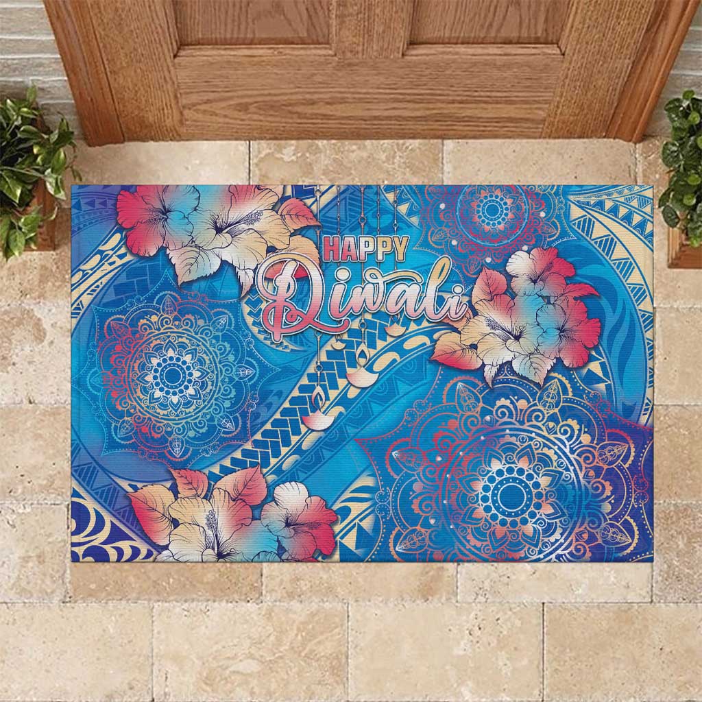 Happy Diwali Festival Rubber Doormat Diya Lamp Rangoli With Polynesian Pattern LT05 Blue - Polynesian Pride